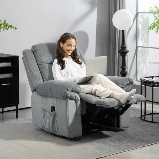 Manual Recliner Chair, Vibration Massage, Side Pockets, Corduroy, Grey Sofas & Reclining Chairs Grey at Gallery Canada