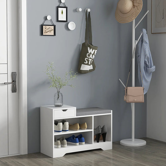 Upholstered Shoe Storage Bench, with Seat, Drawer, 3 Shelves, White Shoe Storage Cabinets & Racks White, Grey at Gallery Canada
