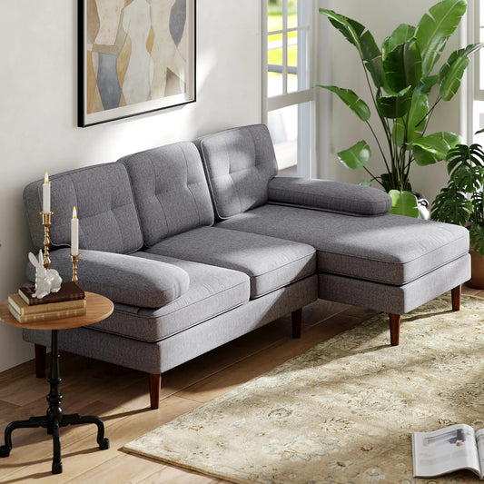 Modern Corner Couch with Right Chaise Lounge, Tufted 3-Seater Sofa with Wooden Legs for Living Room, Grey 3-Seater Sofas Grey, Brown at Gallery Canada