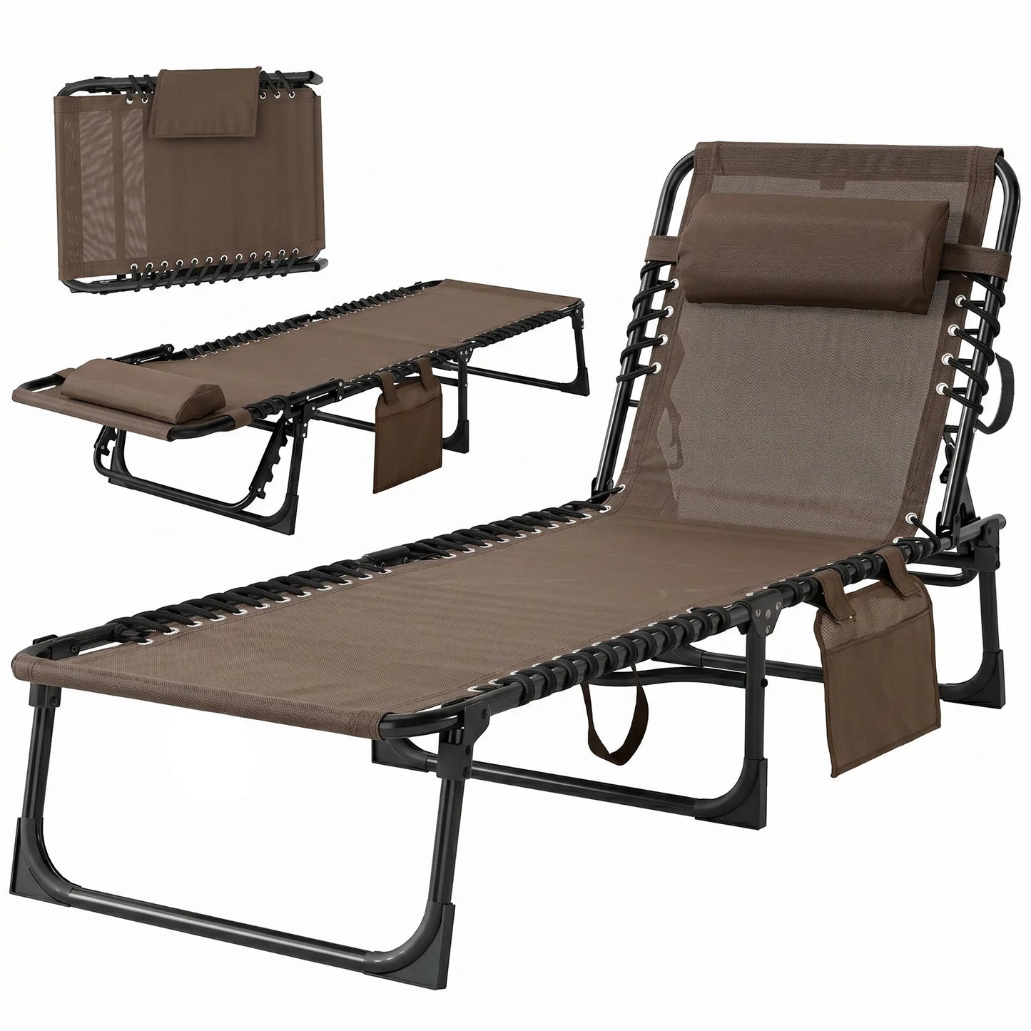 Outdoor Folding Chaise Lounge, Adjustable Backrest, Removable Pillow, Brown Lounger Chairs at Gallery Canada