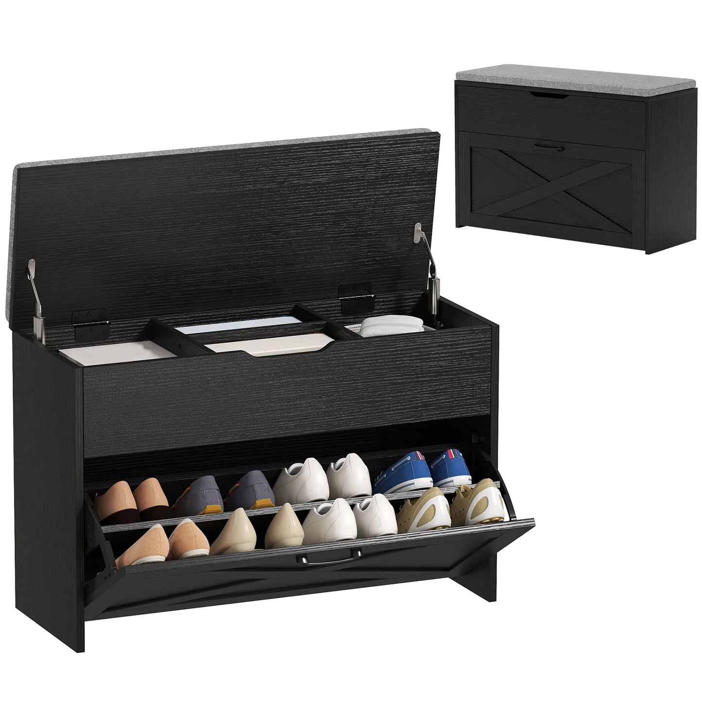 Shoe Storage Bench with Flip Drawer, Lift Top, Seat Cushion, Black Shoe Storage Cabinets & Racks at Gallery Canada