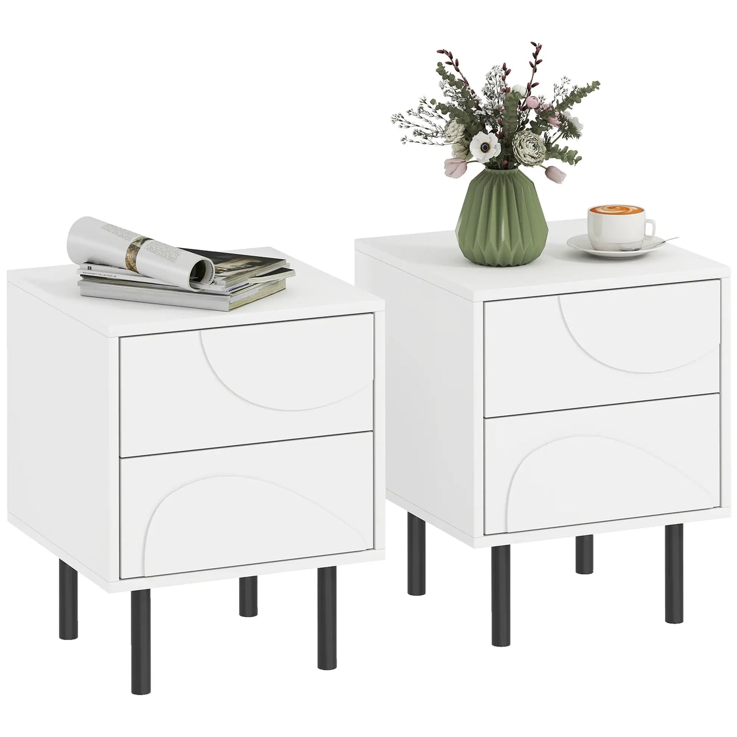 Modern Nightstand Set of 2, Push-to-Open Drawers, Steel Legs, White Bedside Tables at Gallery Canada