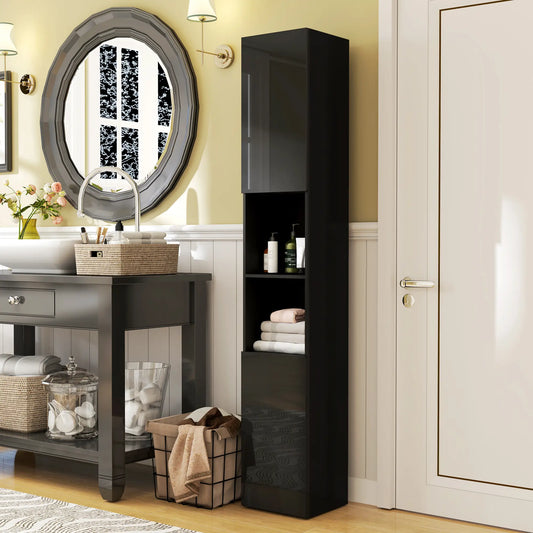 Tall Bathroom Cabinet, High Gloss Storage, Adjustable Shelves, 11.8" x 11.8" x 71.5", Black Bathroom Cabinets Black at Gallery Canada
