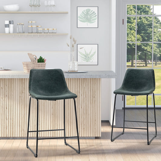 Vintage PU Leather Bar Stools Set of 2, Kitchen Stool with Footrest, Green Bar Stools Dark Green at Gallery Canada