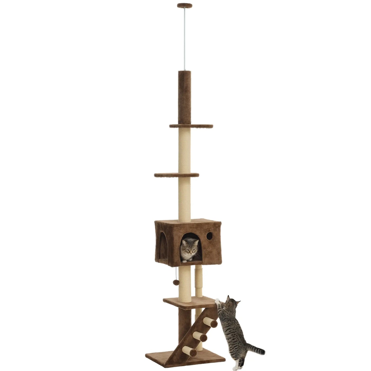 89"-104" Cat Tree with Scratching Post, Cat House, 3-Steps, Hanging Ball, Brown Floor to Ceiling Cat Trees at Gallery Canada