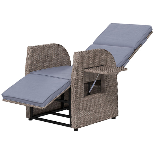 Outdoor Recliner Chair with Adjustable Backrest &; Footrest, Cushion, Side Tray, Grey