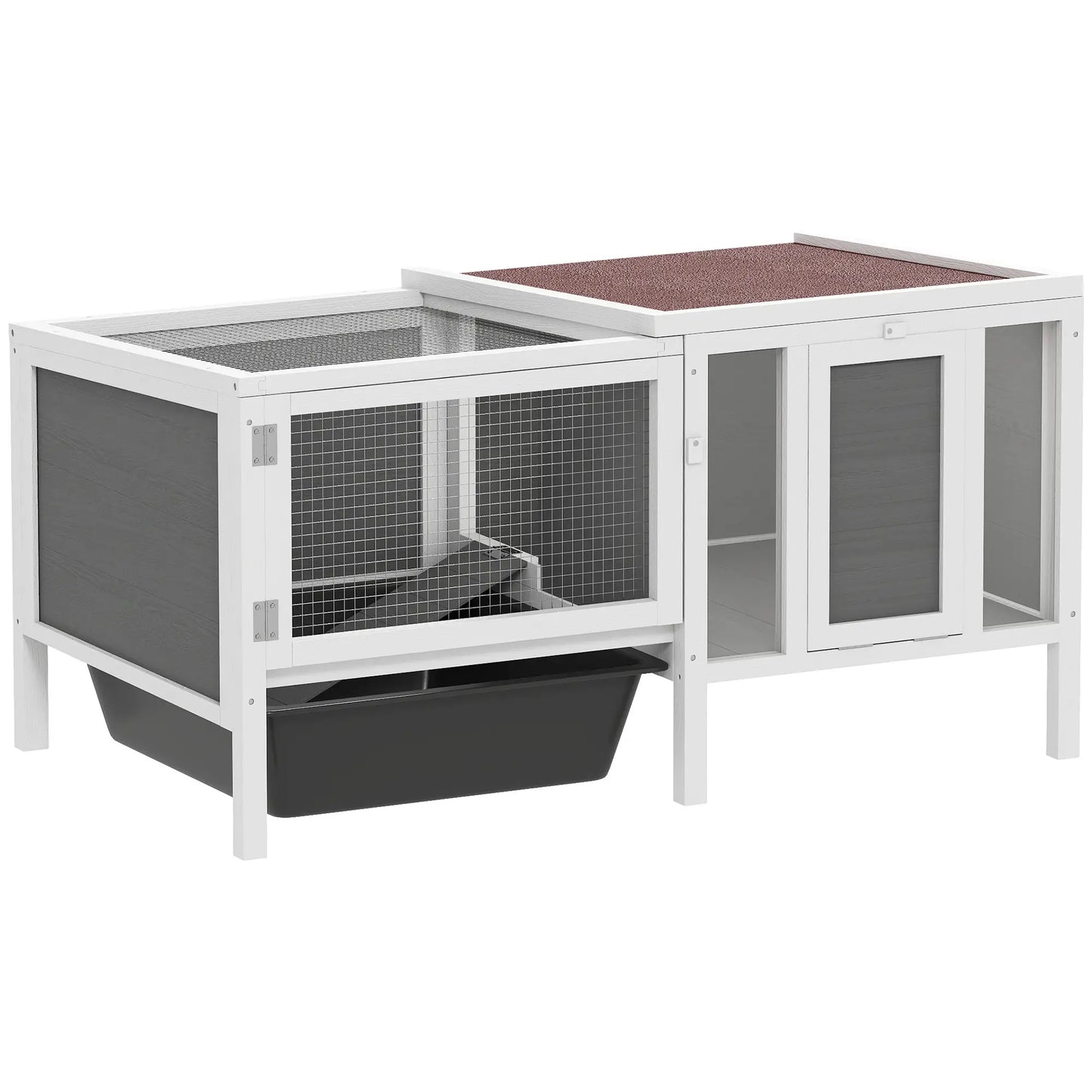 Wooden Rabbit Hutch With Run, Openable Top, Pull Out Tray, Ramp, Water-Resistant Roof, Grey
