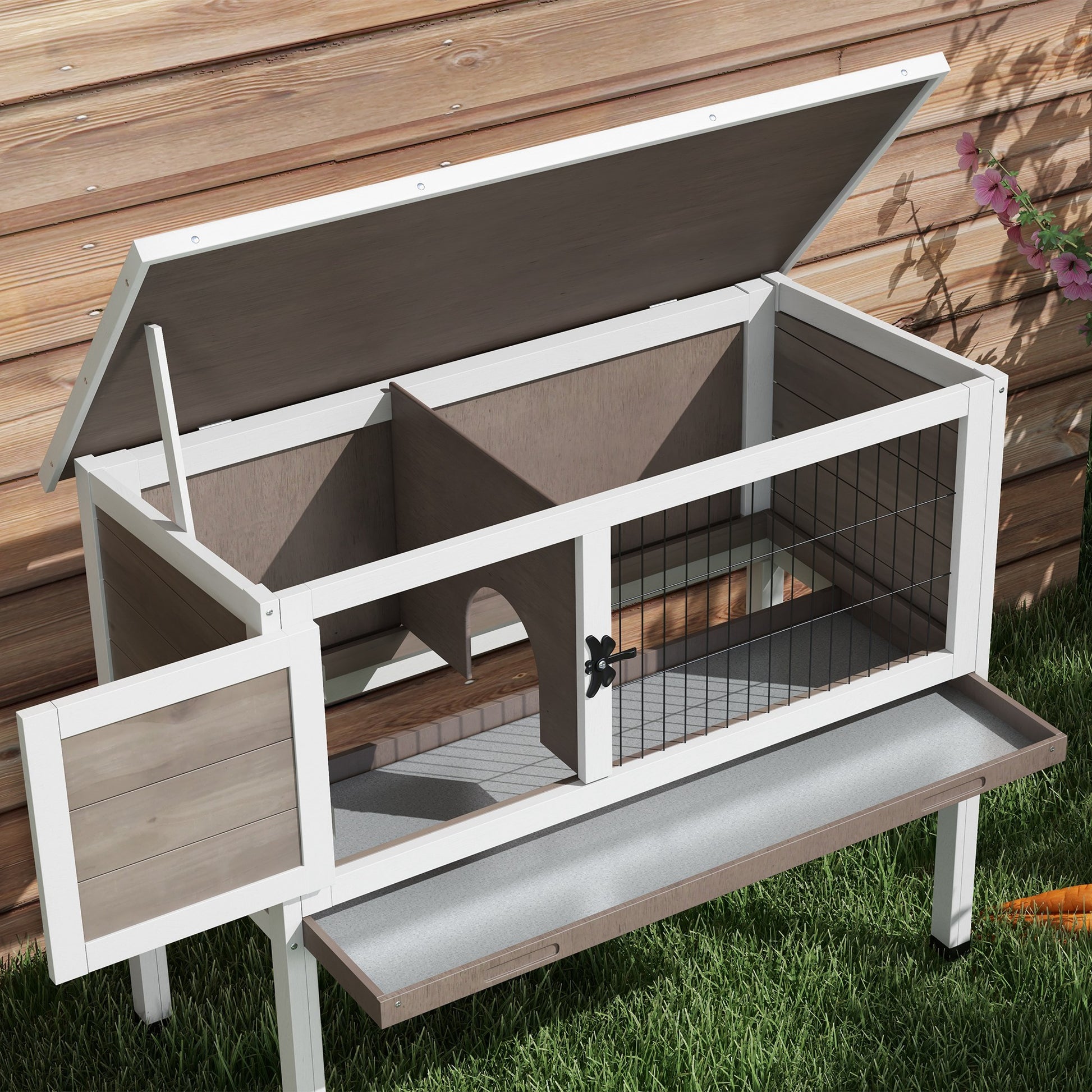 Wooden Rabbit Hutch with Openable Asphalt Roof, Tray, Brown at Gallery Canada