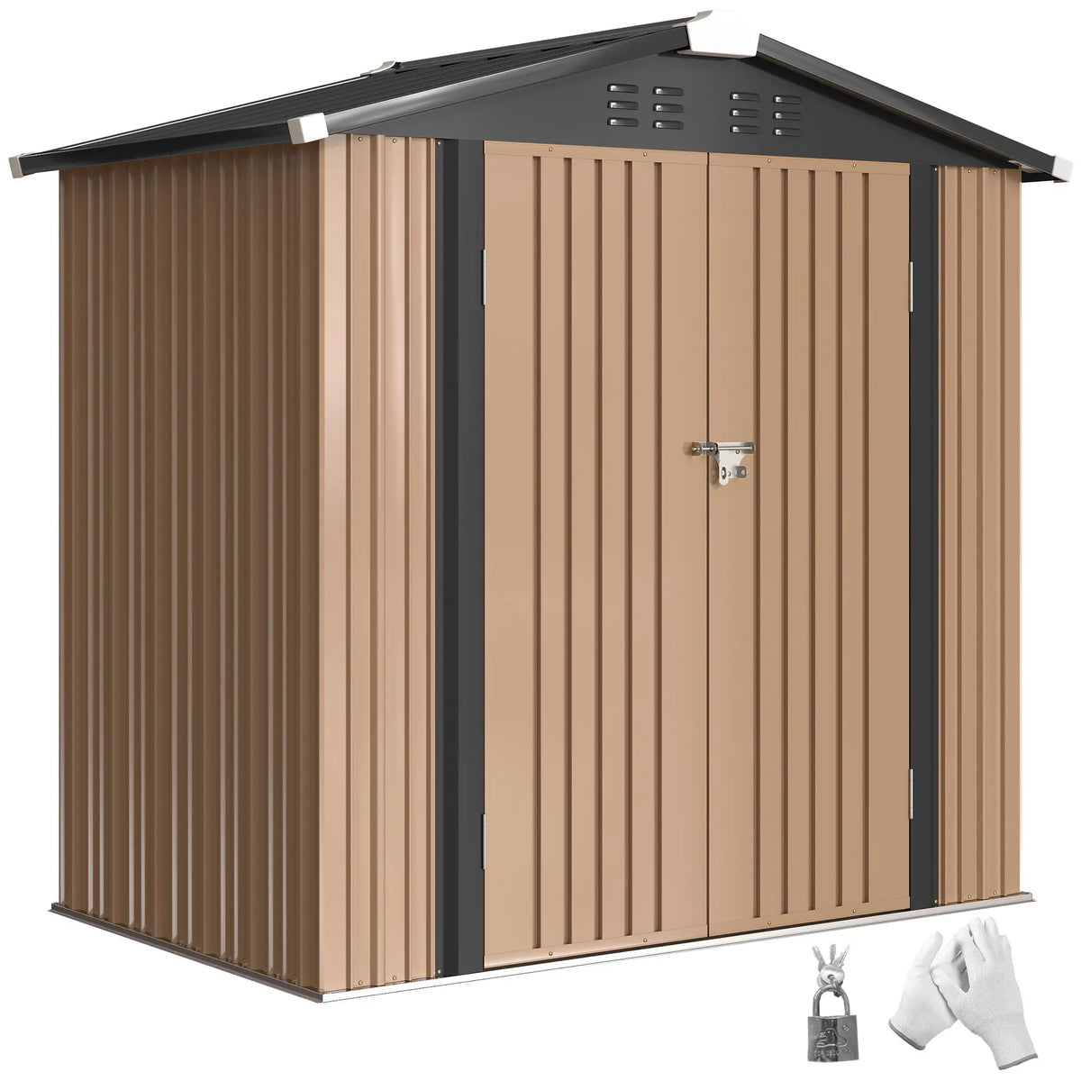 6.5' x 4' Metal Outdoor Storage Shed, Lockable Double Doors, 4 Vents, Brown Sheds at Gallery Canada