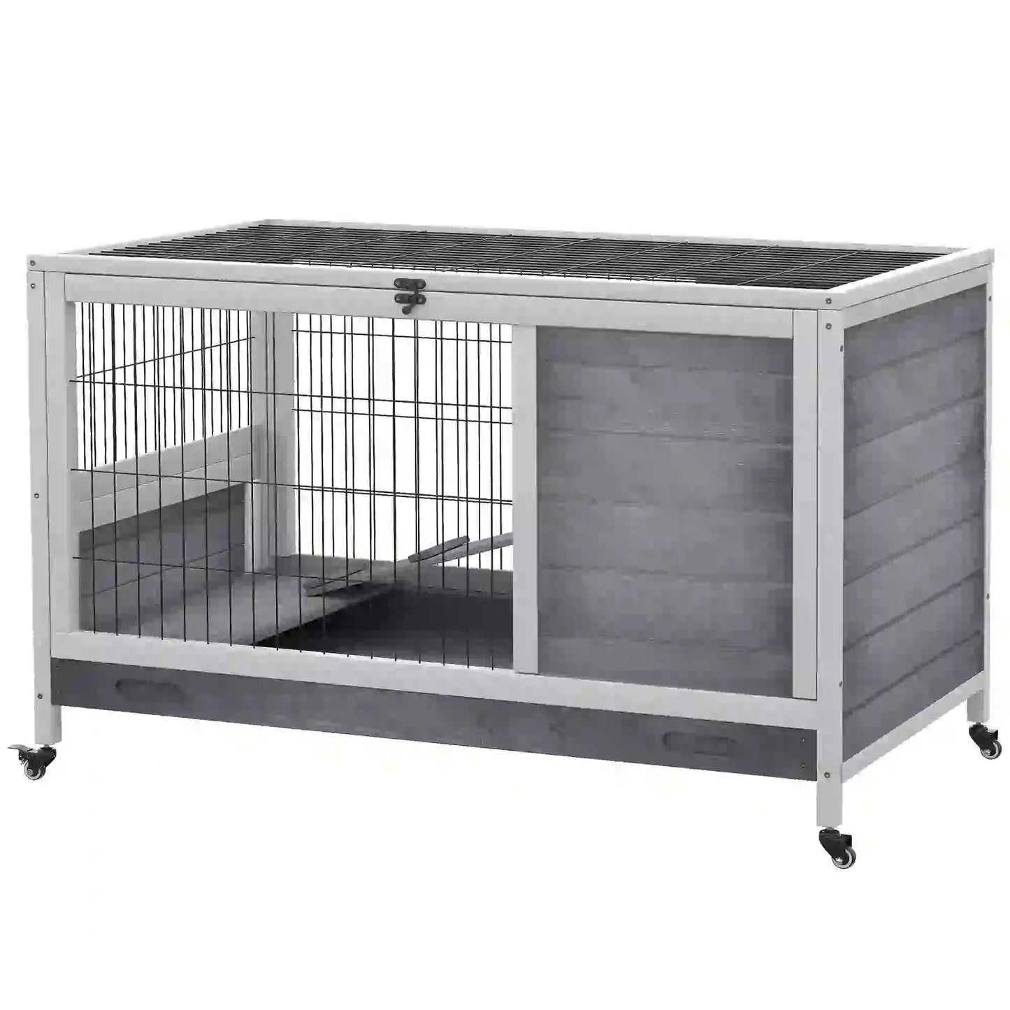 Wooden Indoor Rabbit Hutch, Elevated Bunny Cage with Wheels, Grey Rabbit Hutch at Gallery Canada