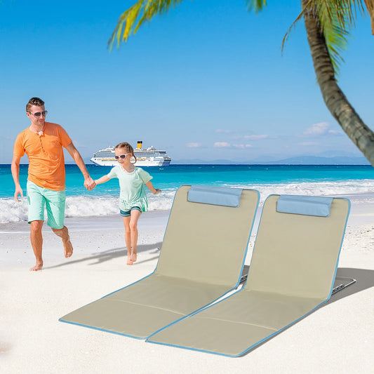Set of 2 Beach Lounge Chairs, Folding Mat, Adjustable Back, Steel Frame, Beige Beach Accessories Beige at Gallery Canada