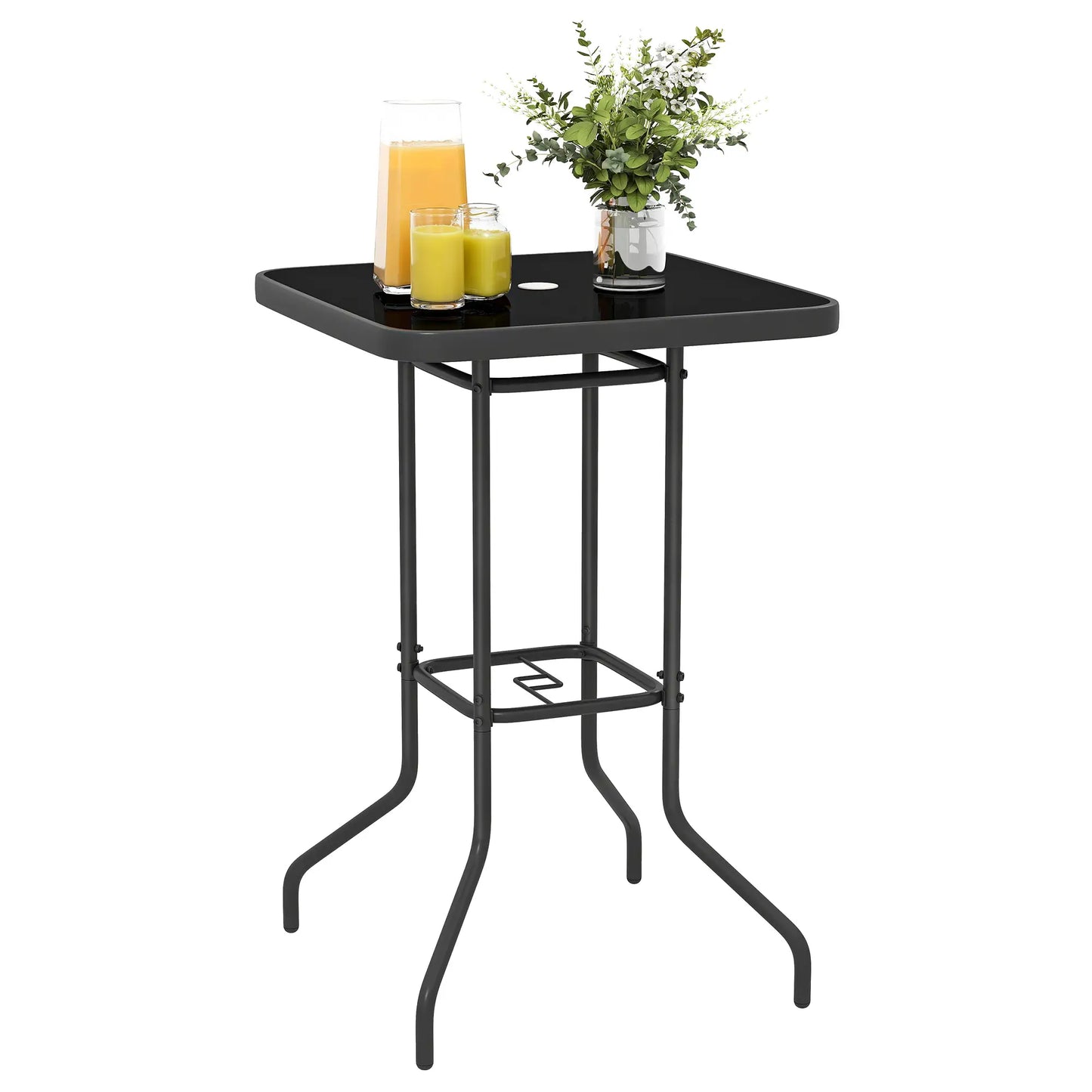 Outdoor Bar Table With Umbrella Hole, 41.3" Glass Top, Black Patio Dining Tables at Gallery Canada
