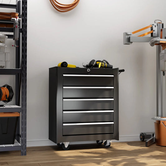 5 Drawer Roller Tool Chest, Lockable Mobile Toolbox, Workshop Storage, Black Tool Organizers Black at Gallery Canada