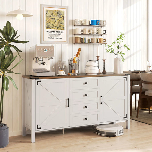 59" Buffet Cabinet, Farmhouse Sideboard, 2 Barn Doors, 4 Drawers, White