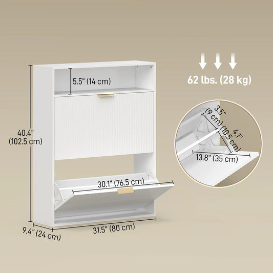 Narrow Shoe Cabinet With 2 Flip Drawers, Top Shelf, White Shoe Storage Cabinets & Racks White at Gallery Canada