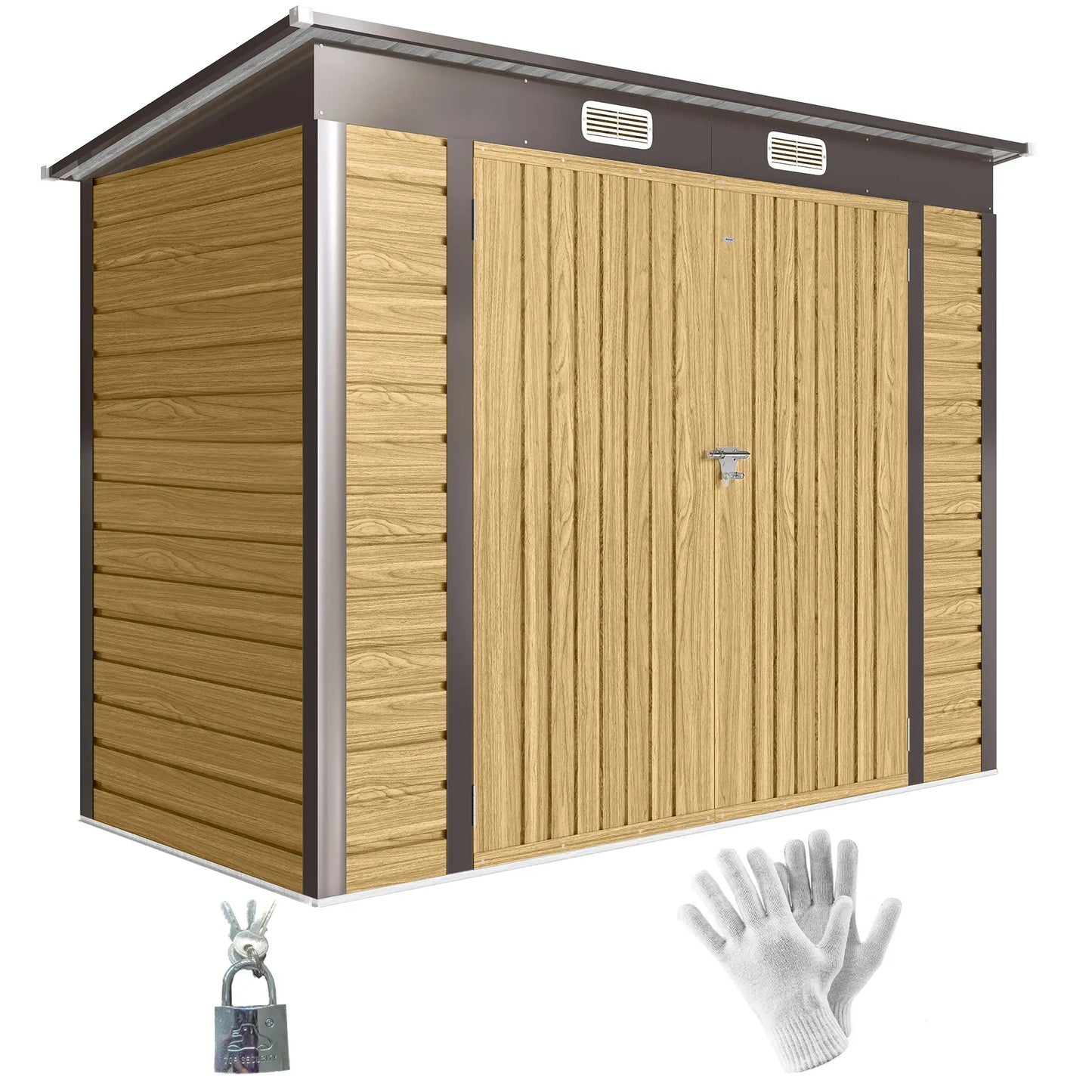 8x4FT Galvanized Metal Garden Storage Shed, Double Doors, 2 Vents, Oak Sheds at Gallery Canada