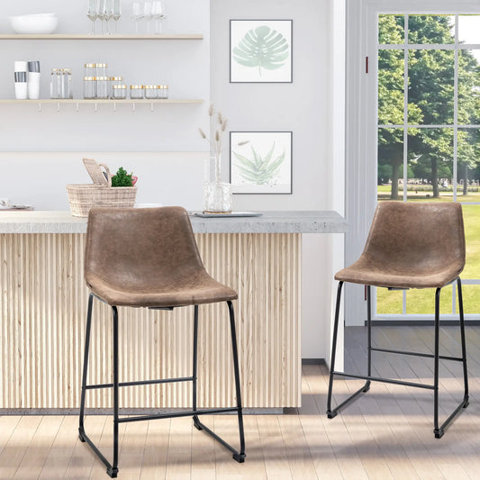Vintage PU Leather Bar Stools, Set of 2, Counter Height, Brown Bar Stools Brown at Gallery Canada