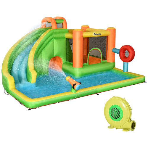 8-in-1 Inflatable Water Slide, Kids Castle Bounce House Includes Slide, Trampoline, Pool, Water Gun, Ball-target, Boxing Post, Tunnel with Carry Bag, 750W Air Blower