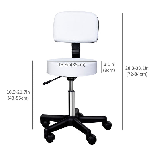 Adjustable Rolling Stool with Back, PU Leather Round Swivel Drafting Stool with Wheels for Kitchen, Salon Spa, Bar, Home Office, Massage, White - Gallery Canada