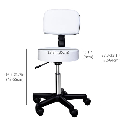 Adjustable Rolling Stool with Back, PU Leather Round Swivel Drafting Stool with Wheels for Kitchen, Salon Spa, Bar, Home Office, Massage, White