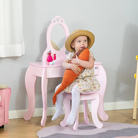 Kids Vanity Set with Mirror, Stool, Drawer, 3-6 Years, Pink Toy Vanity Pink at Gallery Canada