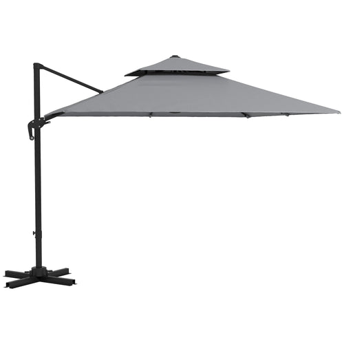 10' x 10' Cantilever Patio Umbrella, Double Top Square Offset Umbrella with 360° Rotation, Light Grey