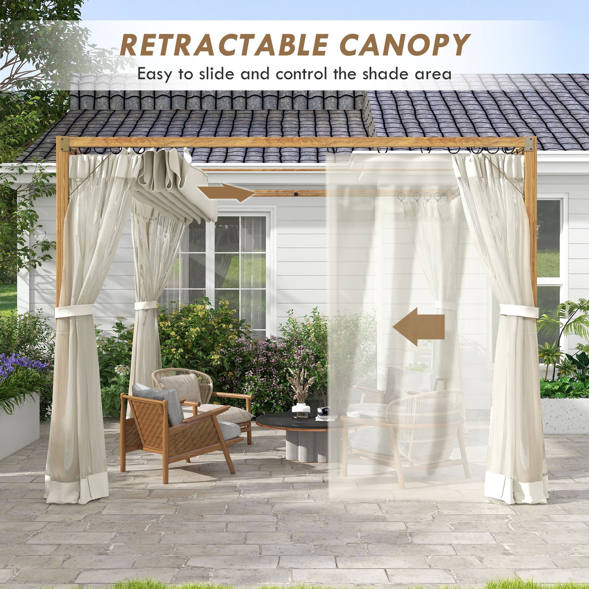 10 x 10 ft Retractable Pergola, Garden Gazebo Shelter with Nettings, for Grill, Patio, Deck, Natural at Gallery Canada