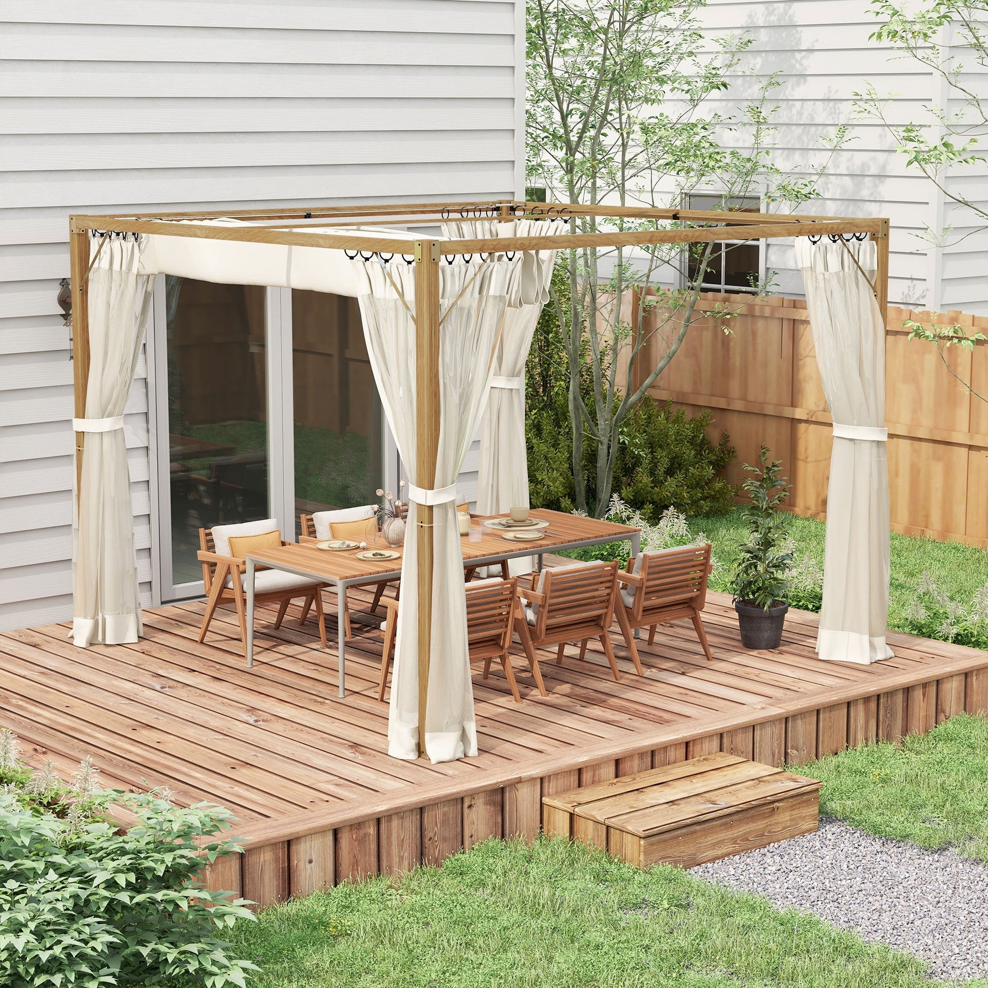 10 x 10 ft Retractable Pergola, Garden Gazebo Shelter with Nettings, for Grill, Patio, Deck, Natural at Gallery Canada
