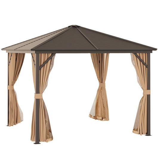 10' x 10' Hardtop Gazebo Outdoor Aluminum Gazebo Canopy with Mosquito Netting, Curtains, Hanging Hook, Brown at Gallery Canada