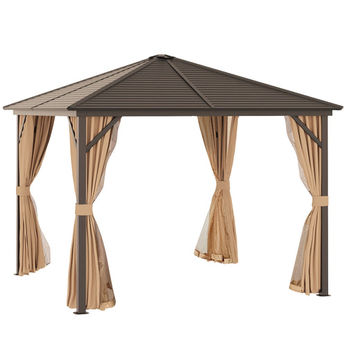 10' x 10' Hardtop Gazebo Outdoor Aluminum Gazebo Canopy with Mosquito Netting, Curtains, Hanging Hook, Brown