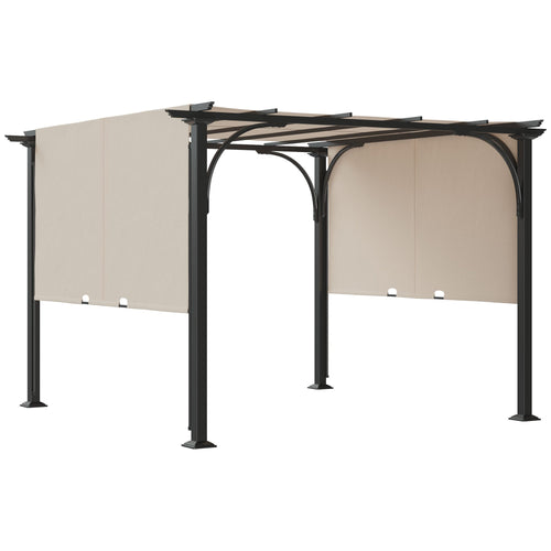10' x 10' Outdoor Pergola Patio Gazebo Retractable Canopy Sun Shelter with Steel Frame, Beige