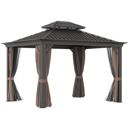10' x 12' Outdoor Hardtop Gazebo with Galvanized Steel Canopy &; Netting Sidewalls for Lawn, Backyard, Brown at Gallery Canada