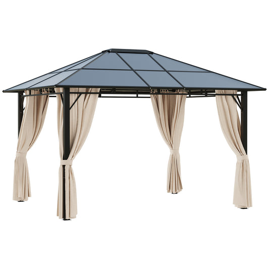 10' x 12' Outdoor Hardtop Gazebo with Polycarbonate Panel Roof, Garden Deluxe Pavilion Canopy BBQ Sunshade Shelter with Removable Curtains - Gallery Canada