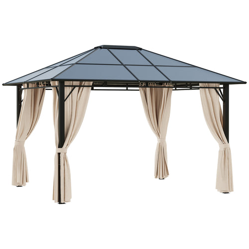 10' x 12' Outdoor Hardtop Gazebo with Polycarbonate Panel Roof, Garden Deluxe Pavilion Canopy BBQ Sunshade Shelter with Removable Curtains