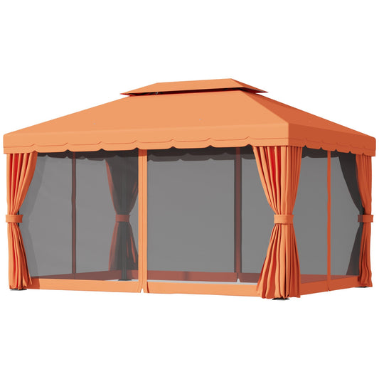 10 x 13ft Aluminum Frame Gazebo Canopy Double Tier Garden Shelter with Netting and Curtains, Orange - Gallery Canada