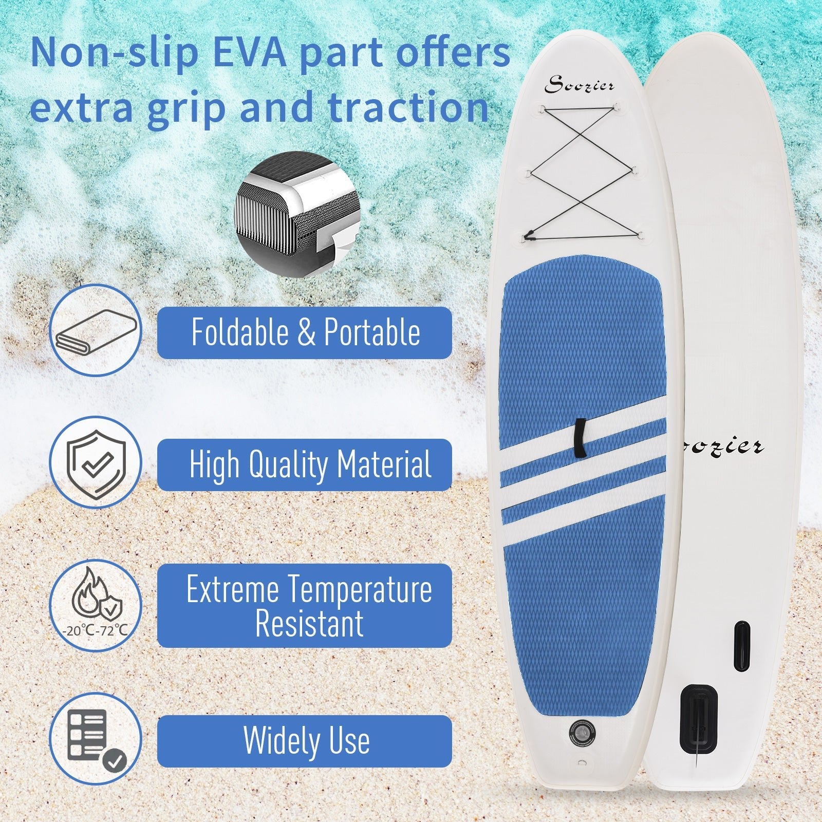 10' x 32" x 6" Inflatable Stand Up Paddle Board with ISUP Accessories, Carry Bag, Non-Slip Deck, Adj Paddle, Pump, Leash for Adults Kids, Blue and White at Gallery Canada