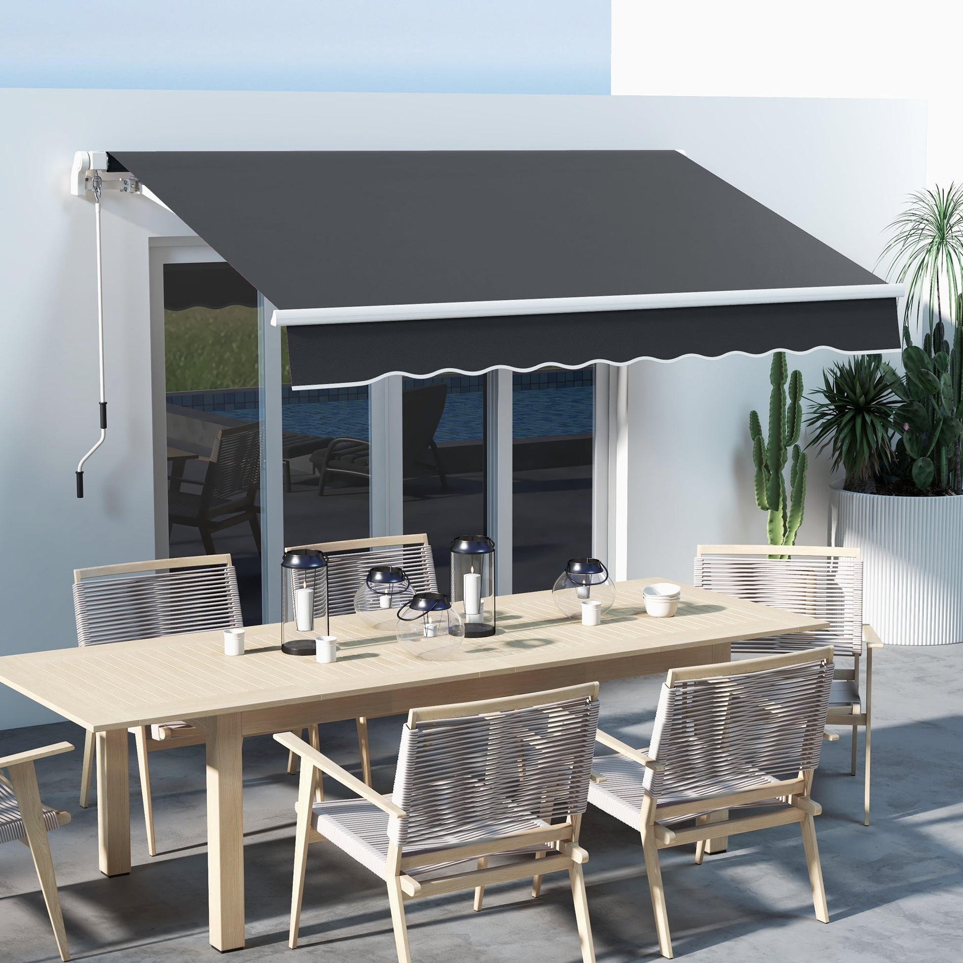 10' x 8' Manual Retractable Awning with LED Lights, Aluminum Frame Sun Canopies for Patio Door Window, Dark Grey at Gallery Canada