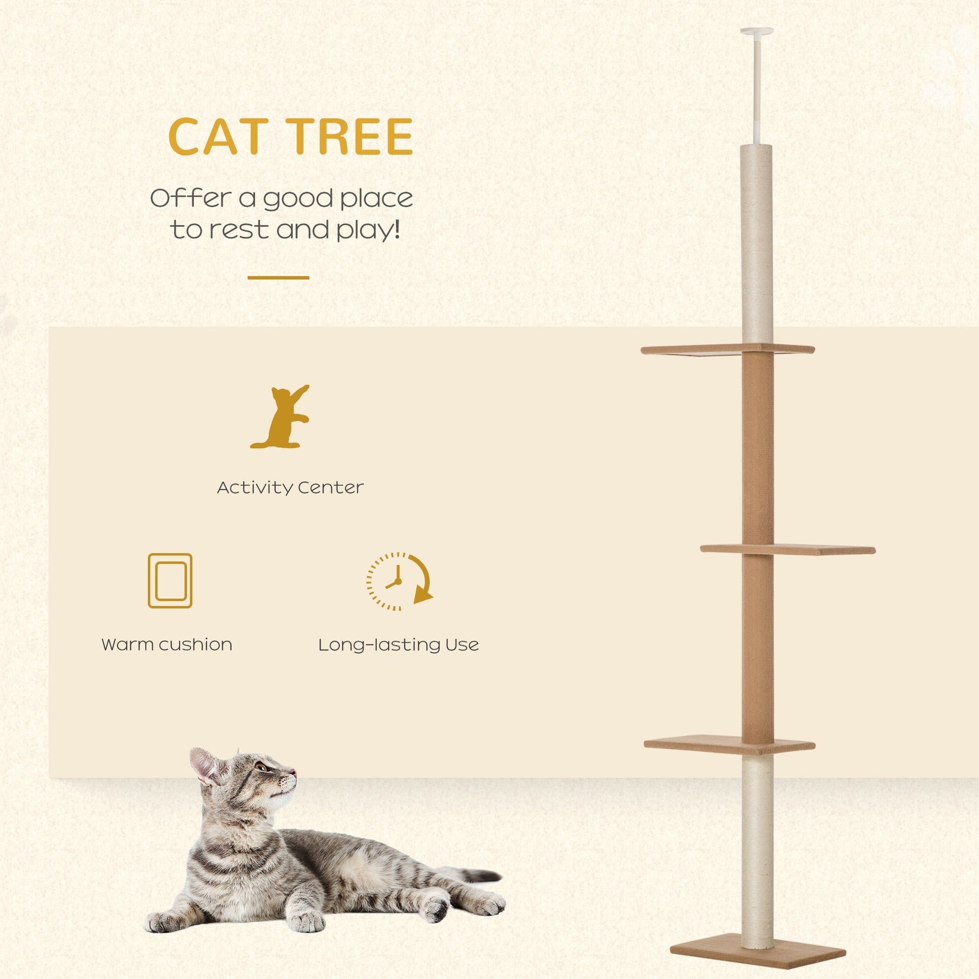 100" Floor To Ceiling Cat Tree w/ 3 Perches Activity Center for Kittens Cat Tower Furniture, Brown at Gallery Canada