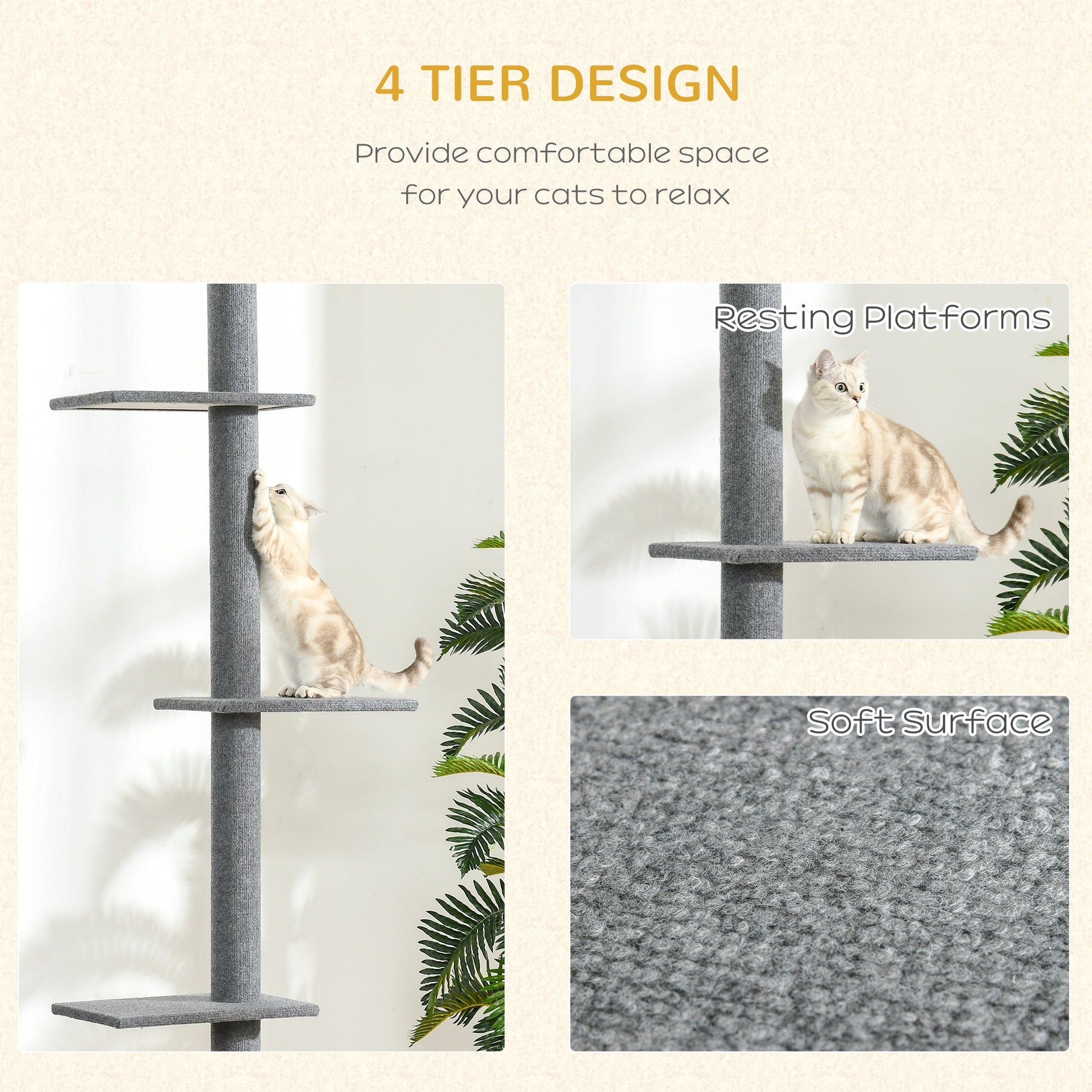100" Floor To Ceiling Cat Tree w/ 3 Perches Activity Center for Kittens Cat Tower Furniture, Grey at Gallery Canada
