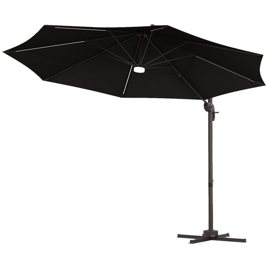 10ft Cantilever Patio Umbrella Offset Parasol with Lights, Cross Base, 360° Rotating for Deck, Beach, Market, Dark Grey - Gallery Canada