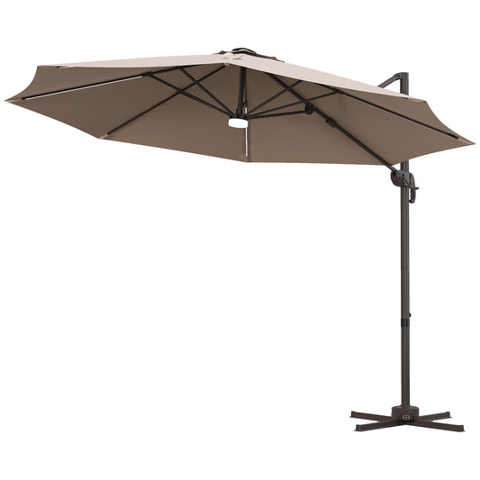 10ft Cantilever Patio Umbrella Offset Parasol with Lights, Cross Base, 360° Rotating for Deck, Beach, Market, Khaki - Gallery Canada