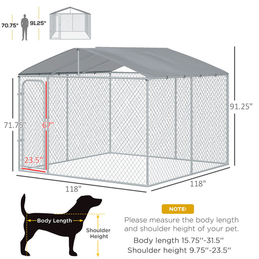 10'Lx10'Wx6'H Large Outdoor Dog Kennel Playpen Galvanized Pet Exercise House Cage with Canopy Roof, Silver - Gallery Canada