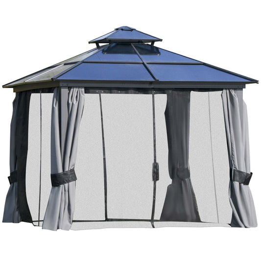 10'x10' Hardtop Patio Gazebo Aluminum Gazebo Deck Canopy with Double Tier Roof, Curtains, Netting Sidewalls, Black &; Grey at Gallery Canada