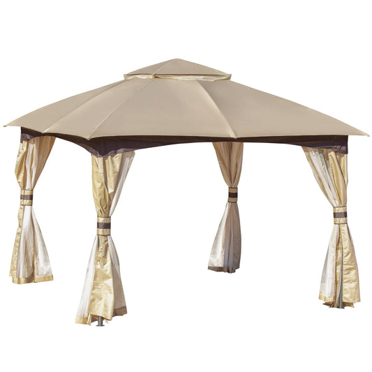 11' x 11' Steel Gazebo Canopy Party Tent Shelter with Double Roof, Netting Sidewalls, Corner Curtains, Beige at Gallery Canada