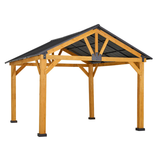 11' x 13' Wooden Gazebo Canopy Outdoor Sun Shade Shelter w/ Steel Roof, Solid Wood, Black &; Natural