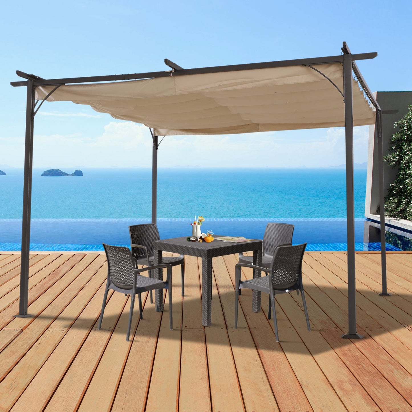 11.5’ Backyard Shelter Retractable Sun Shade Covered Pergola with Steel Frame, Beige at Gallery Canada