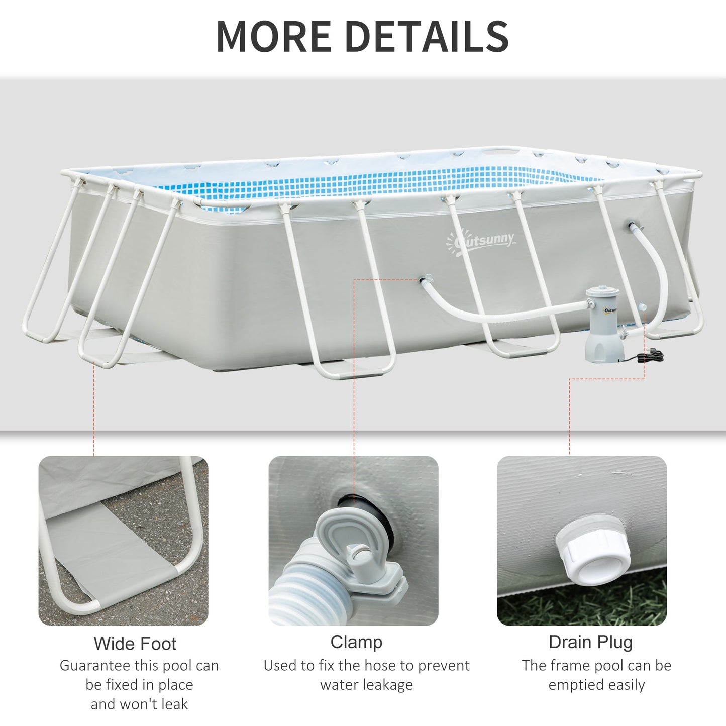 11ft x 7ft x 32in Steel Frame Pool with Nano Filter Pump, Outdoor Rectangular Frame Above Ground Swimming Pool, Light Grey at Gallery Canada