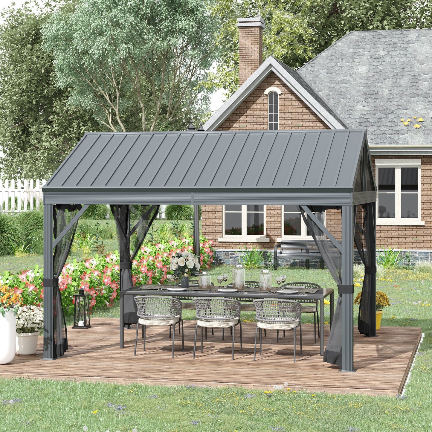 12' x 10' Hardtop Gazebo Steel Canopy Outdoor Pergola with Netting and Aluminum Frame for Patios, Gardens, Lawns, Dark Grey at Gallery Canada