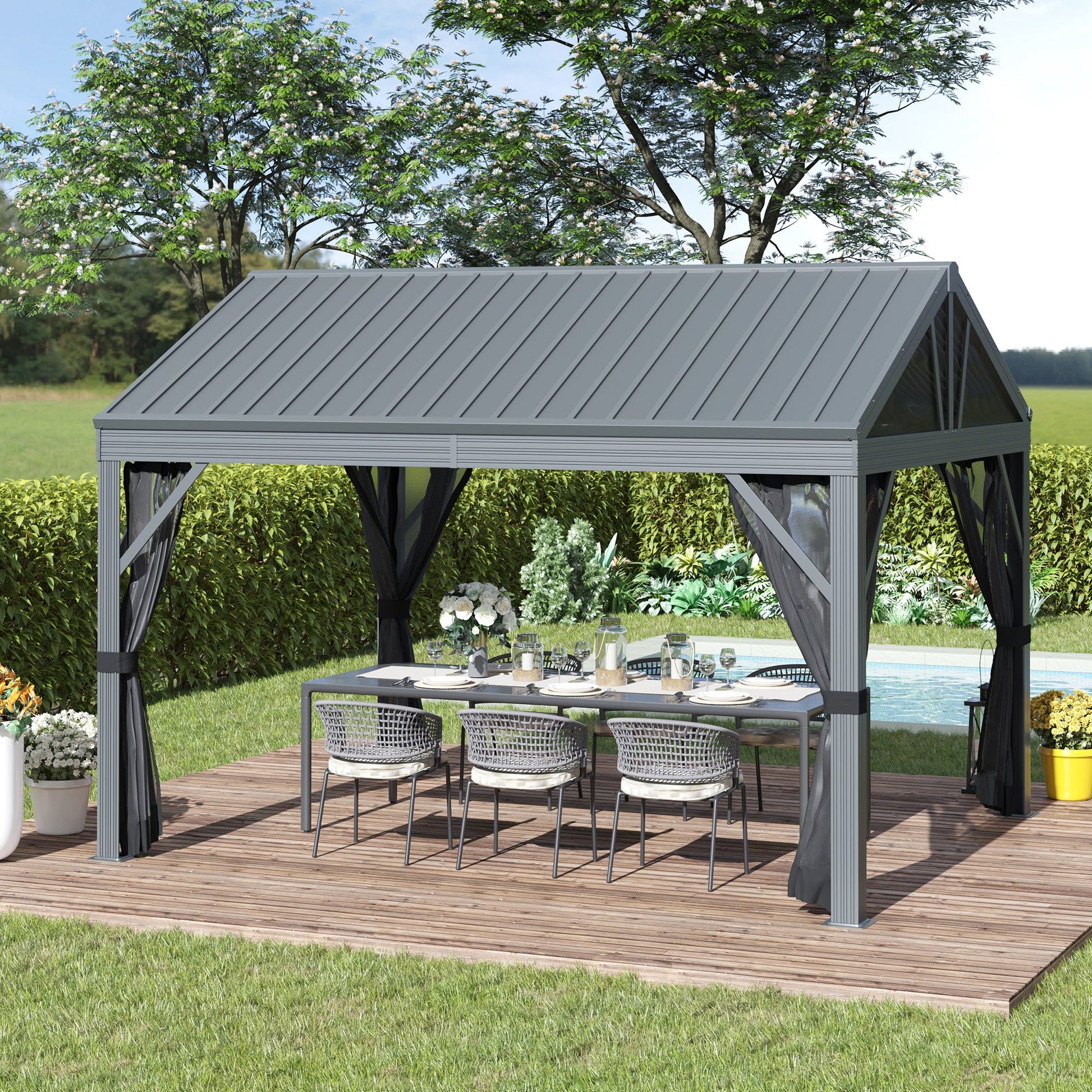12' x 10' Hardtop Gazebo Steel Canopy Outdoor Pergola with Netting and Aluminum Frame for Patios, Gardens, Lawns, Dark Grey at Gallery Canada