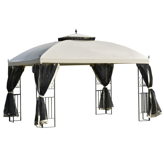 12' x 10' Outdoor Patio Gazebo Canopy with Double Tier Roof, Removable Mesh Sidewalls, Triangular Display Shelves, Beige - Gallery Canada